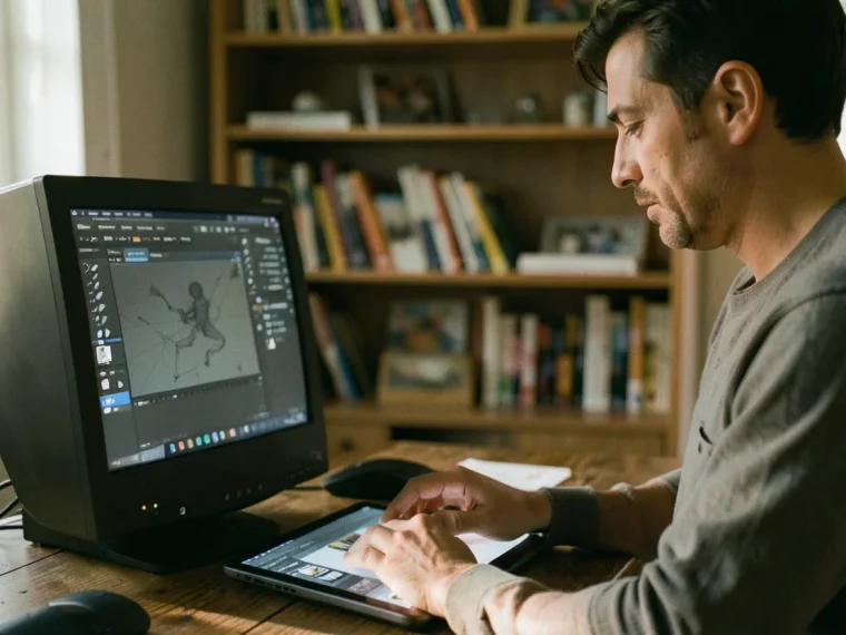 Digital art workspace with Krita software open, showing interface and brush tools.