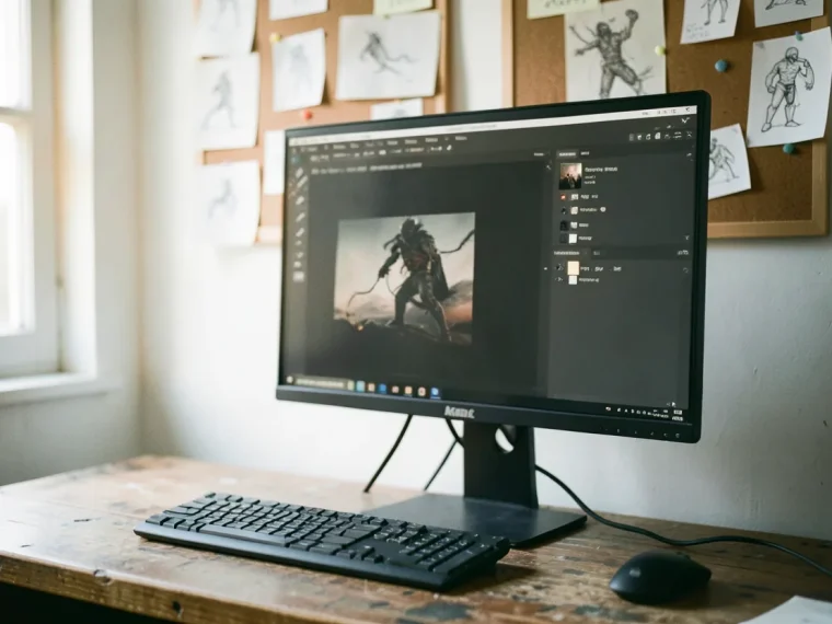 Cluttered desk with laptop displaying Krita tutorial, soft diffused lighting.